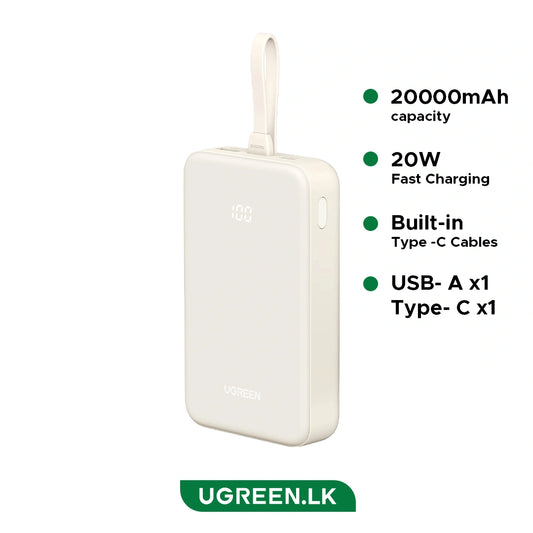 Ugreen PB505 USB-A Built-In USB-C Power Bank 20000mAh Beige