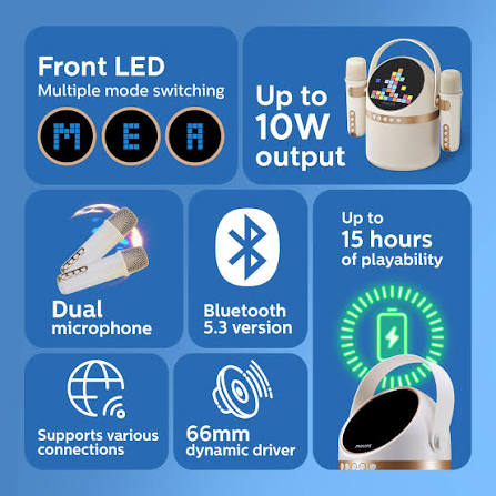 Philips Bluetooth Karaoke Speaker System – Dual Wireless Microphones – Built-in Sound Effects – LED Light Modes