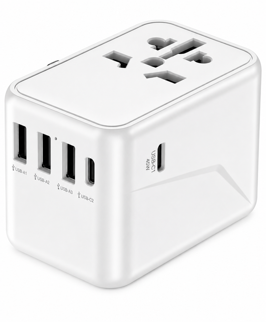 محول سفر عالمي 45 واط مع شاحن سريع – 3 منافذ USB و2 منفذ USB-C