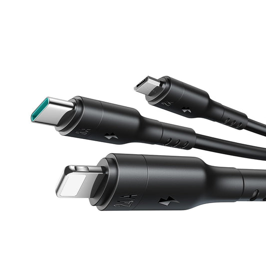 S-A61 كابل شحن أومني جو سلسلة 3 في 1 (USB-A إلى تايب سي + لايتنينج + مايكرو) 3.5 أمبير بطول 1.2 متر - أسود