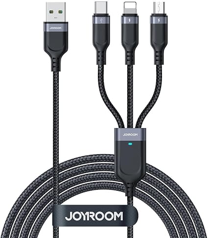 S-A18 كابل بيانات متعدد الاستخدامات سلسلة 3.5 أمبير USB-A إلى Lightning+TypeC+Micro 3 في 1 بطول 1.2 متر - أسود