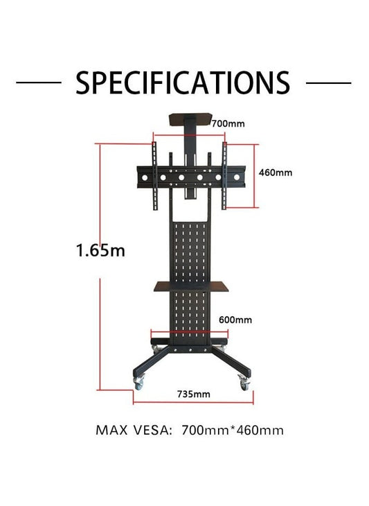 Mobile TV Stand with Wheels Rolling TV Cart Floor TV Trolley for 32-70 Inch LCD LED Flat Curved Screen, Height Adjustable Portable TV Stand Movable Tilt Holder Holds up to 50kg with Media Shelf Tray
