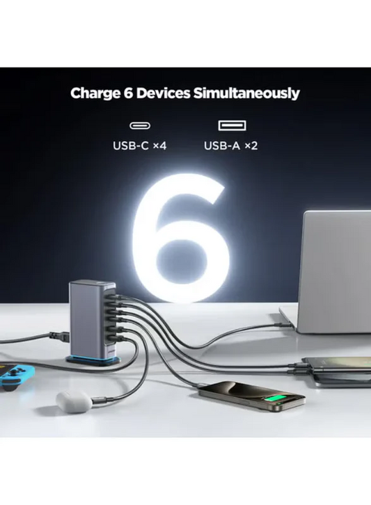 Jr‑Tcm02 65W Gan Multi‑Port Charger – Fast Charge 4×Usb‑C + 2×Usb‑A, 6‑Device Simultaneous Charging, Pps 3.3‑21V, Gan Efficiency, 1.5 M Detachable Cable, Usb‑C Pd & Qc Safety Black
