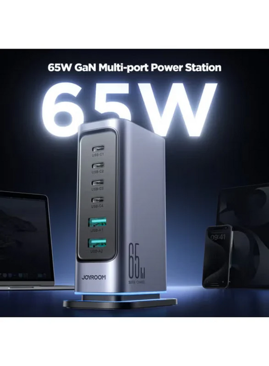 Jr‑Tcm02 65W Gan Multi‑Port Charger – Fast Charge 4×Usb‑C + 2×Usb‑A, 6‑Device Simultaneous Charging, Pps 3.3‑21V, Gan Efficiency, 1.5 M Detachable Cable, Usb‑C Pd & Qc Safety Black