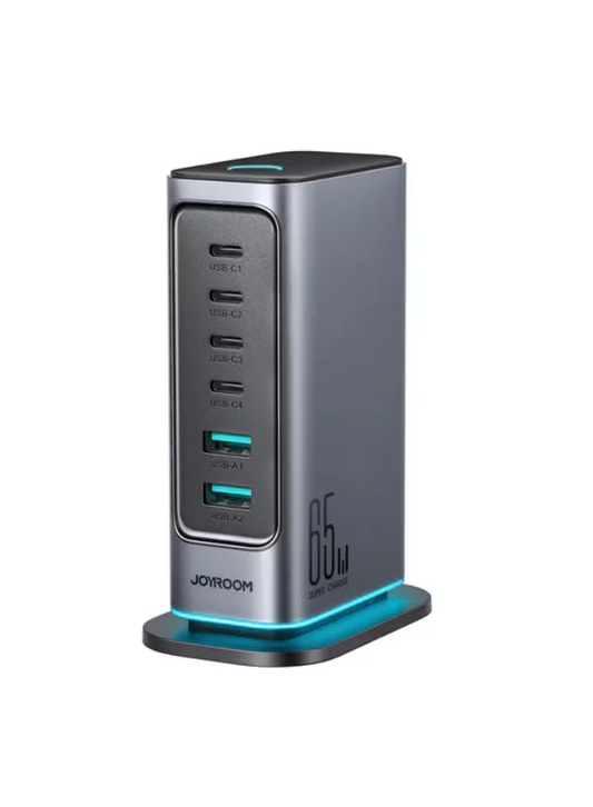 Jr‑Tcm02 65W Gan Multi‑Port Charger – Fast Charge 4×Usb‑C + 2×Usb‑A, 6‑Device Simultaneous Charging, Pps 3.3‑21V, Gan Efficiency, 1.5 M Detachable Cable, Usb‑C Pd & Qc Safety Black