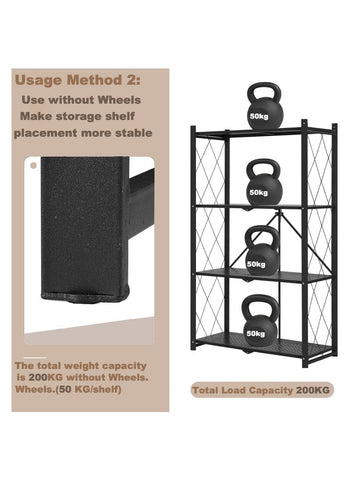 4 Tier Thickened Foldable Storage Rack with Wheels,No Assembly,Large Capacity Shelves,Heavy-Duty Metal Shelving Unit Rolling Cart for Garage, Kitchen, Basement, Pantry 4 Tier White
