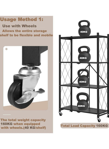 4 Tier Thickened Foldable Storage Rack with Wheels,No Assembly,Large Capacity Shelves,Heavy-Duty Metal Shelving Unit Rolling Cart for Garage, Kitchen, Basement, Pantry 4 Tier White