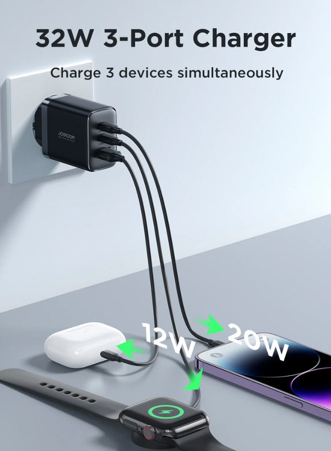 Flash memory series 32W A+2C three-port charger with QC 3.0 support. Wall travel adapter 32W fast power charger, compatible with Samsung AFC, Huawei SCP and other lower versions of iPhone-Etc. Black