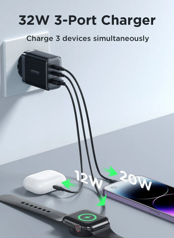 Flash memory series 32W A+2C three-port charger with QC 3.0 support. Wall travel adapter 32W fast power charger, compatible with Samsung AFC, Huawei SCP and other lower versions of iPhone-Etc. Black