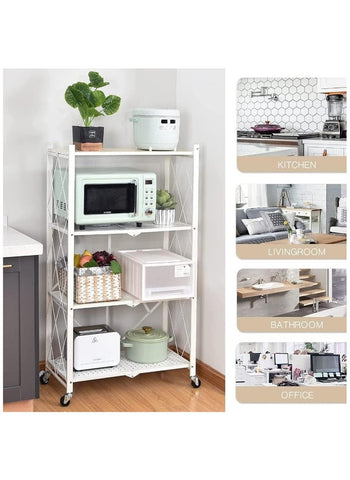 4 Tier Thickened Foldable Storage Rack with Wheels,No Assembly,Large Capacity Shelves,Heavy-Duty Metal Shelving Unit Rolling Cart for Garage, Kitchen, Basement, Pantry 4 Tier White