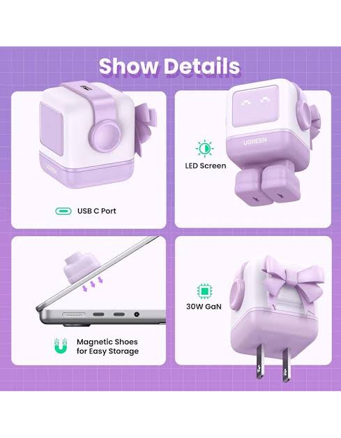 Ugreen Nexode 3 Port Robot GaN Fast Charger 65W Purple