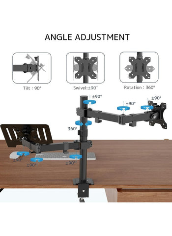 حامل شاشة الكمبيوتر المحمول - حامل مكتبي قابل لتعديل الارتفاع مع مشبك وحلقة تثبيت لشاشة واحدة مقاس 15-33 بوصة وجهاز كمبيوتر محمول واحد مقاس 13-17 بوصة، أسود 