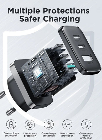 Flash memory series 32W A+2C three-port charger with QC 3.0 support. Wall travel adapter 32W fast power charger, compatible with Samsung AFC, Huawei SCP and other lower versions of iPhone-Etc. Black