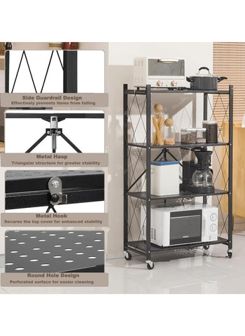 4 Tier Thickened Foldable Storage Rack with Wheels,No Assembly,Large Capacity Shelves,Heavy-Duty Metal Shelving Unit Rolling Cart for Garage, Kitchen, Basement, Pantry 4 Tier White