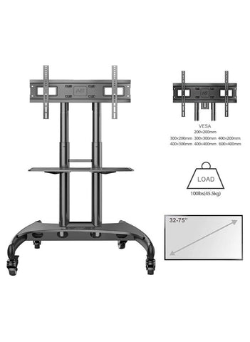 NB ERGONOMIC Mobile TV Cart Rooling TV Stand with Wheels for 32 to 75 Inch LCD LED OLED Plasma Flat Panel Screens up to 100lbs AVA1500-60-1P (Black)