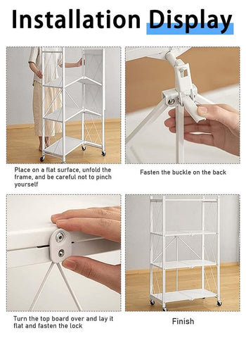 4 Tier Thickened Foldable Storage Rack with Wheels,No Assembly,Large Capacity Shelves,Heavy-Duty Metal Shelving Unit Rolling Cart for Garage, Kitchen, Basement, Pantry 4 Tier White
