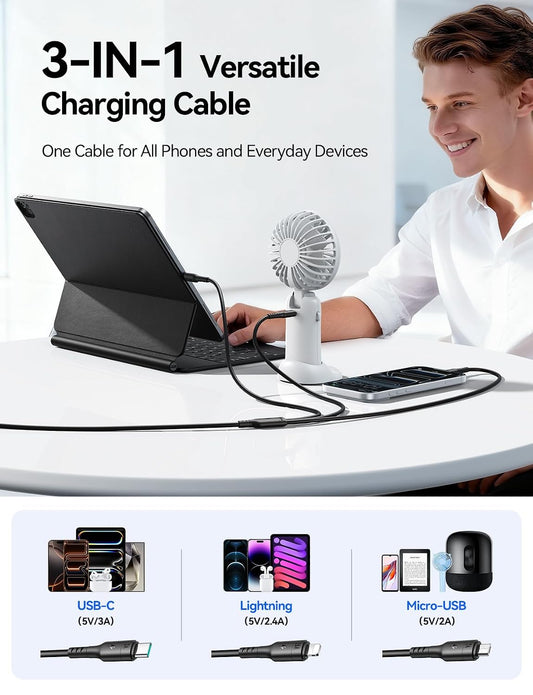 S-A61 كابل شحن أومني جو سلسلة 3 في 1 (USB-A إلى تايب سي + لايتنينج + مايكرو) 3.5 أمبير بطول 1.2 متر - أسود