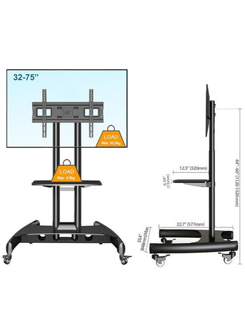 NB ERGONOMIC Mobile TV Cart Rooling TV Stand with Wheels for 32 to 75 Inch LCD LED OLED Plasma Flat Panel Screens up to 100lbs AVA1500-60-1P (Black)
