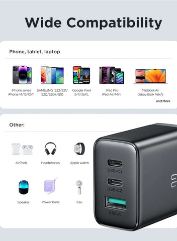 Flash memory series 32W A+2C three-port charger with QC 3.0 support. Wall travel adapter 32W fast power charger, compatible with Samsung AFC, Huawei SCP and other lower versions of iPhone-Etc. Black