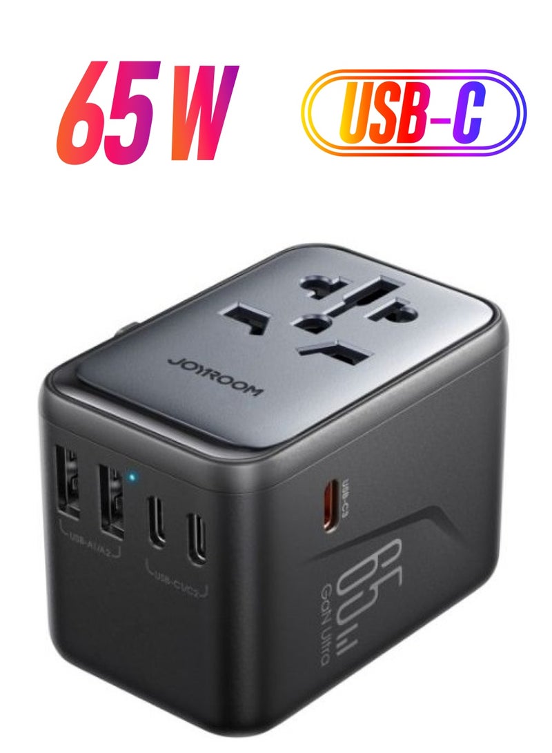 65W Universal Travel Adapter International Plug Adapter With 2 USB 2 Type C Fast Charging All In One Worldwide Wall Charger UK US AUS EU Black