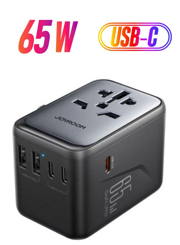 65W Universal Travel Adapter International Plug Adapter With 2 USB 2 Type C Fast Charging All In One Worldwide Wall Charger UK US AUS EU Black
