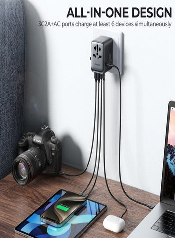 65W Universal Travel Adapter International Plug Adapter With 2 USB 2 Type C Fast Charging All In One Worldwide Wall Charger UK US AUS EU Black