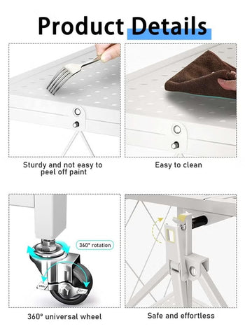4 Tier Thickened Foldable Storage Rack with Wheels,No Assembly,Large Capacity Shelves,Heavy-Duty Metal Shelving Unit Rolling Cart for Garage, Kitchen, Basement, Pantry 4 Tier White