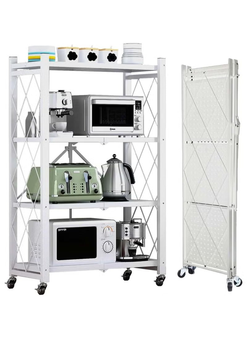 4 Tier Thickened Foldable Storage Rack with Wheels,No Assembly,Large Capacity Shelves,Heavy-Duty Metal Shelving Unit Rolling Cart for Garage, Kitchen, Basement, Pantry 4 Tier White