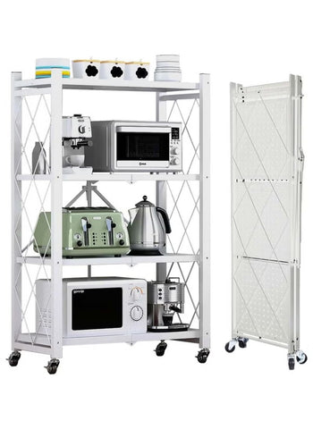 4 Tier Thickened Foldable Storage Rack with Wheels,No Assembly,Large Capacity Shelves,Heavy-Duty Metal Shelving Unit Rolling Cart for Garage, Kitchen, Basement, Pantry 4 Tier White