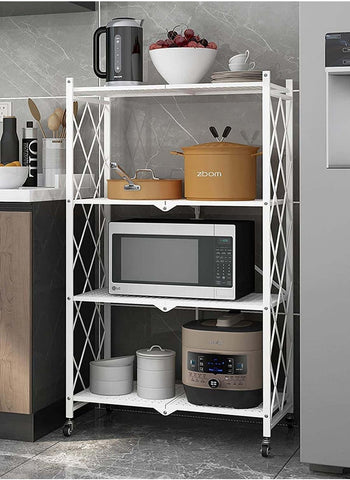 4 Tier Thickened Foldable Storage Rack with Wheels,No Assembly,Large Capacity Shelves,Heavy-Duty Metal Shelving Unit Rolling Cart for Garage, Kitchen, Basement, Pantry 4 Tier White