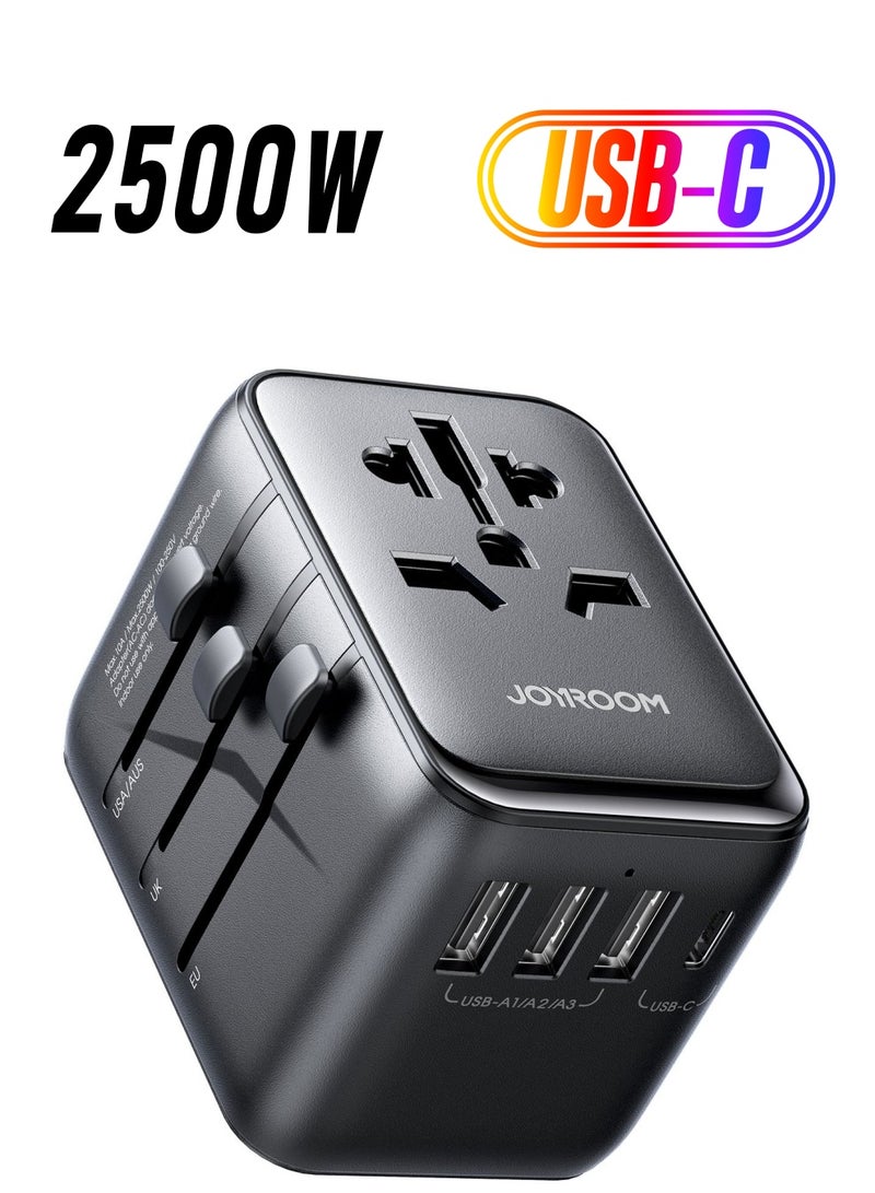 17W Universal Travel Adapter International Plug Adapter With 3 USB 1 Type C Fast Charging All In One Worldwide Wall Charger UK US AUS EU Black