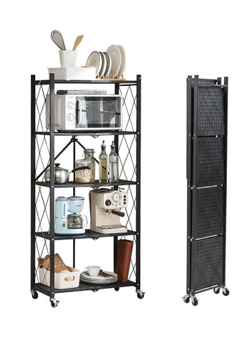 4 Tier Thickened Foldable Storage Rack with Wheels,No Assembly,Large Capacity Shelves,Heavy-Duty Metal Shelving Unit Rolling Cart for Garage, Kitchen, Basement, Pantry 4 Tier White