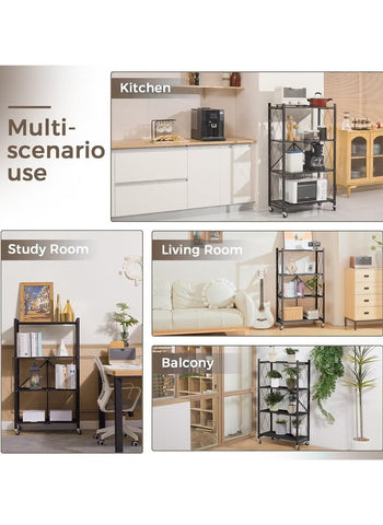 4 Tier Thickened Foldable Storage Rack with Wheels,No Assembly,Large Capacity Shelves,Heavy-Duty Metal Shelving Unit Rolling Cart for Garage, Kitchen, Basement, Pantry 4 Tier White