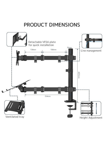 حامل شاشة الكمبيوتر المحمول - حامل مكتبي قابل لتعديل الارتفاع مع مشبك وحلقة تثبيت لشاشة واحدة مقاس 15-33 بوصة وجهاز كمبيوتر محمول واحد مقاس 13-17 بوصة، أسود 