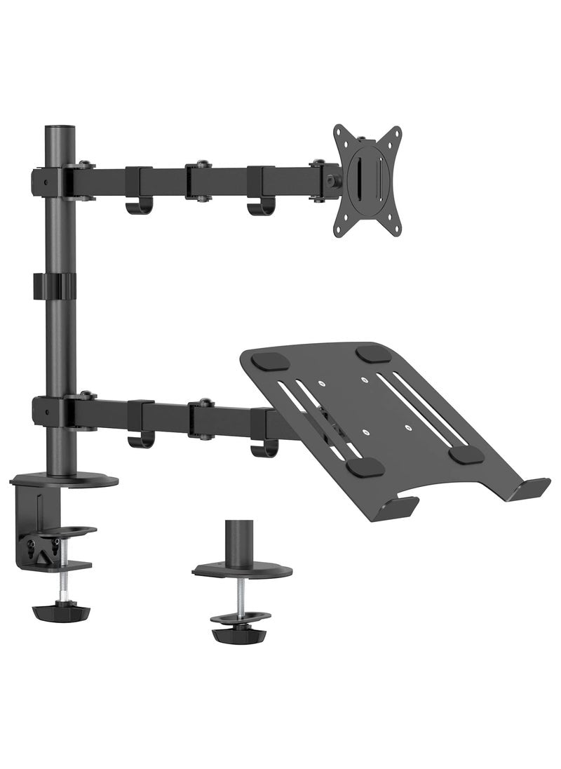 حامل شاشة الكمبيوتر المحمول - حامل مكتبي قابل لتعديل الارتفاع مع مشبك وحلقة تثبيت لشاشة واحدة مقاس 15-33 بوصة وجهاز كمبيوتر محمول واحد مقاس 13-17 بوصة، أسود 