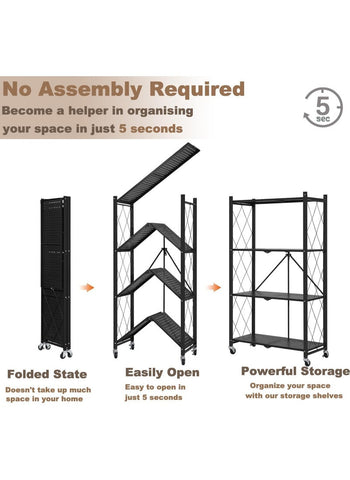 4 Tier Thickened Foldable Storage Rack with Wheels,No Assembly,Large Capacity Shelves,Heavy-Duty Metal Shelving Unit Rolling Cart for Garage, Kitchen, Basement, Pantry 4 Tier White