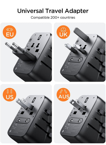 65W Universal Travel Adapter International Plug Adapter With 2 USB 2 Type C Fast Charging All In One Worldwide Wall Charger UK US AUS EU Black