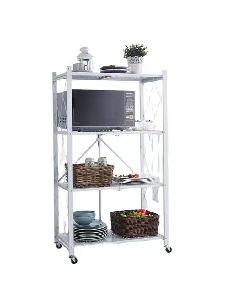 4 Tier Thickened Foldable Storage Rack with Wheels,No Assembly,Large Capacity Shelves,Heavy-Duty Metal Shelving Unit Rolling Cart for Garage, Kitchen, Basement, Pantry 4 Tier White