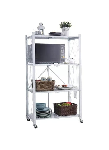 4 Tier Thickened Foldable Storage Rack with Wheels,No Assembly,Large Capacity Shelves,Heavy-Duty Metal Shelving Unit Rolling Cart for Garage, Kitchen, Basement, Pantry 4 Tier White