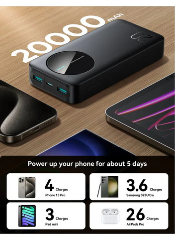 20000 mAh JR-PBF14 2.4A LED Power Bank Black