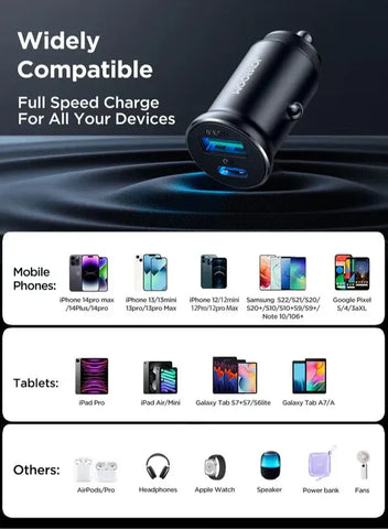 JR-CCN05 30W USB-A USB-C Mini Car Charger - Black Black
