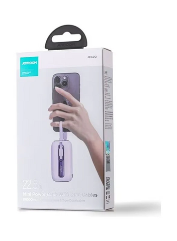 10000 mAh JR-L012 22.5W Fast Charge With Dual Cables Portable Mini Power Bank With Type-C And Lightning Output Cables Purple