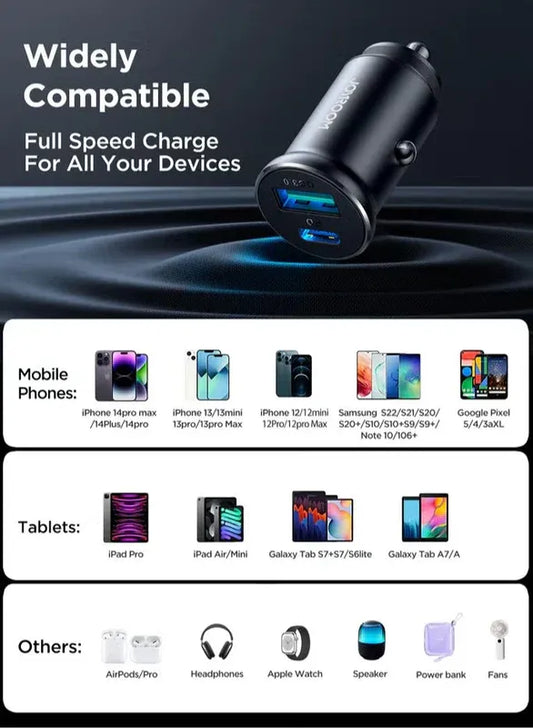 JR-CCN05 30W USB-A USB-C Mini Car Charger - Black Black