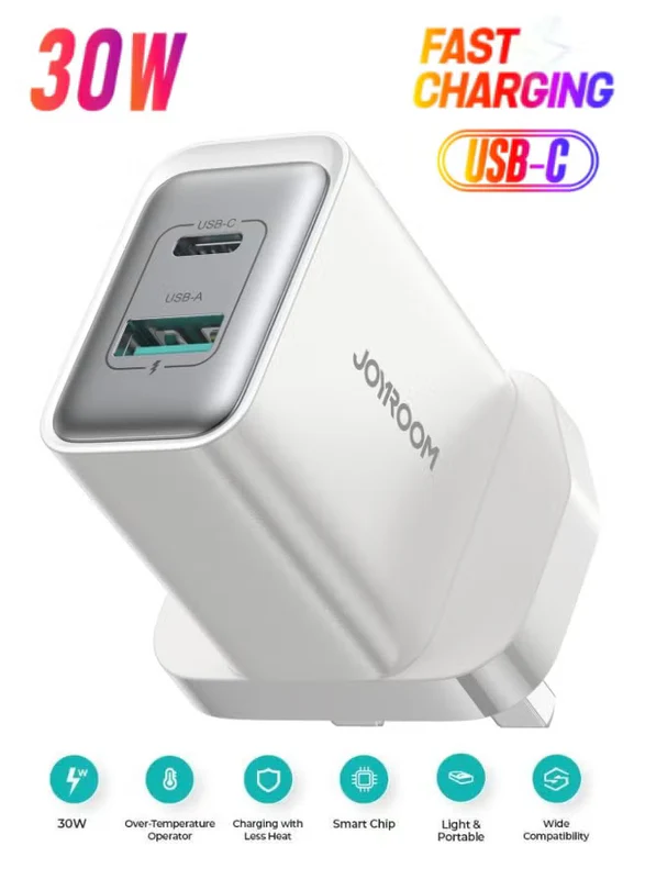 30W USB+USB-C / Type-C Wall Fast Charger Compatible with iPhone 16/15/14/14 Pro/14 Pro Max/13/12/SE2020/11/XR/XS Max/X/iPad Samsung S25/S24/S23 All Series UK Plug White