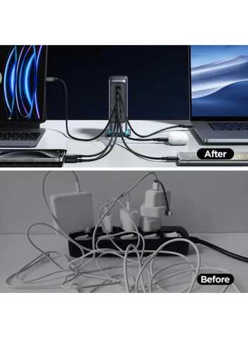 Jr‑Tcm02 65W Gan Multi‑Port Charger – Fast Charge 4×Usb‑C + 2×Usb‑A, 6‑Device Simultaneous Charging, Pps 3.3‑21V, Gan Efficiency, 1.5 M Detachable Cable, Usb‑C Pd & Qc Safety Black
