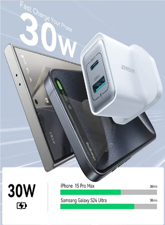 30W USB+USB-C / Type-C Wall Fast Charger Compatible with iPhone 16/15/14/14 Pro/14 Pro Max/13/12/SE2020/11/XR/XS Max/X/iPad Samsung S25/S24/S23 All Series UK Plug White