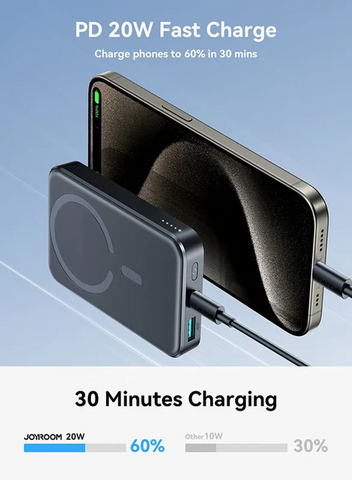 Jr‑W020 Mini 10,000 Mah Magnetic Wireless Power Bank – 20 W Fast Charge (5–15 W), Usb‑C In/Out, Compact Pocket Design, Strong Magnetic Grip & Fireproof Build Black