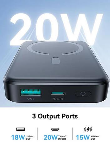 Jr‑W020 Mini 10,000 Mah Magnetic Wireless Power Bank – 20 W Fast Charge (5–15 W), Usb‑C In/Out, Compact Pocket Design, Strong Magnetic Grip & Fireproof Build Black